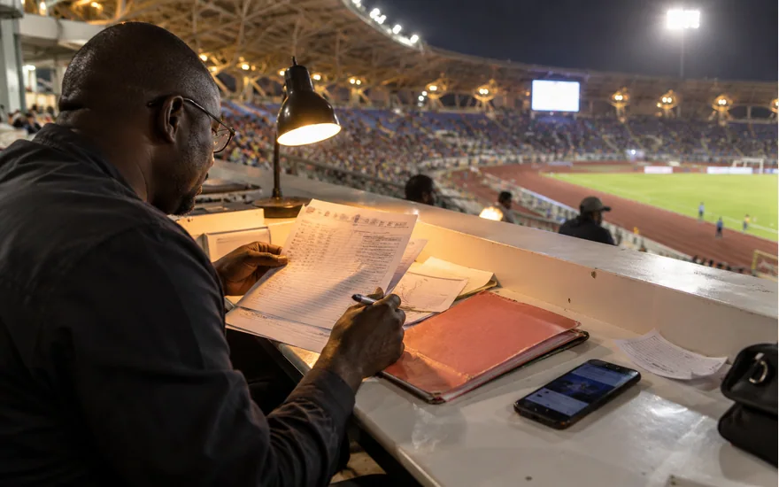 Adult reviewing papers and notes in a lit stadium workspace