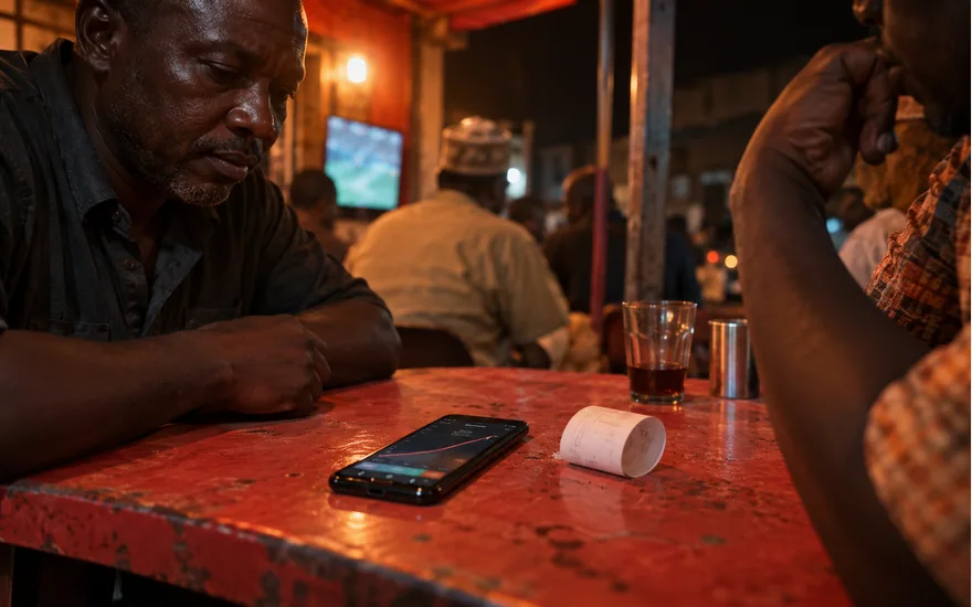 Adult watching a phone beside a receipt at a red cafe table