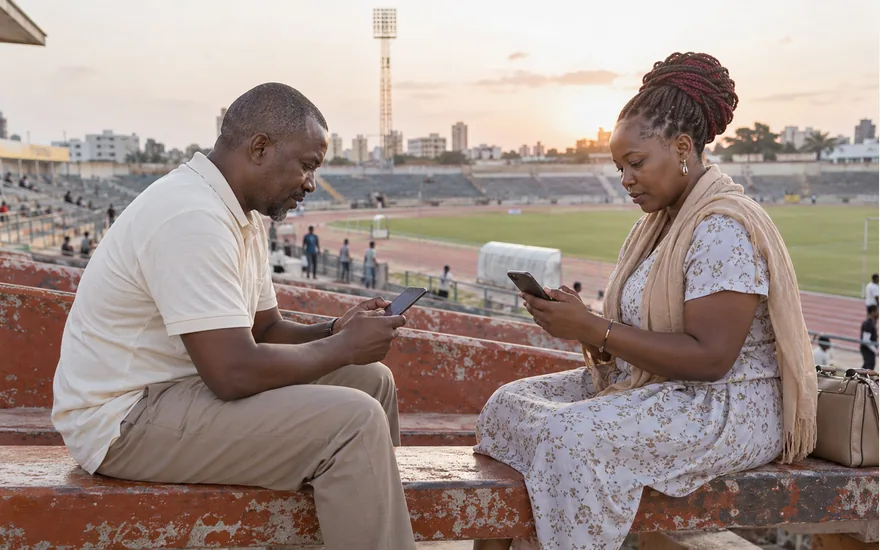 Two adults comparing phones while seated on stadium terraces