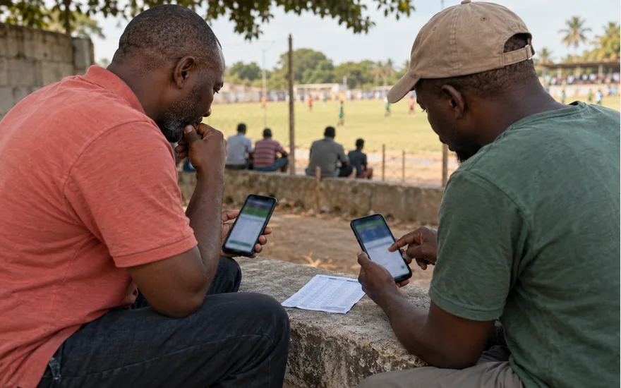 Two adult football followers comparing phones on a concrete terrace beside a pitch