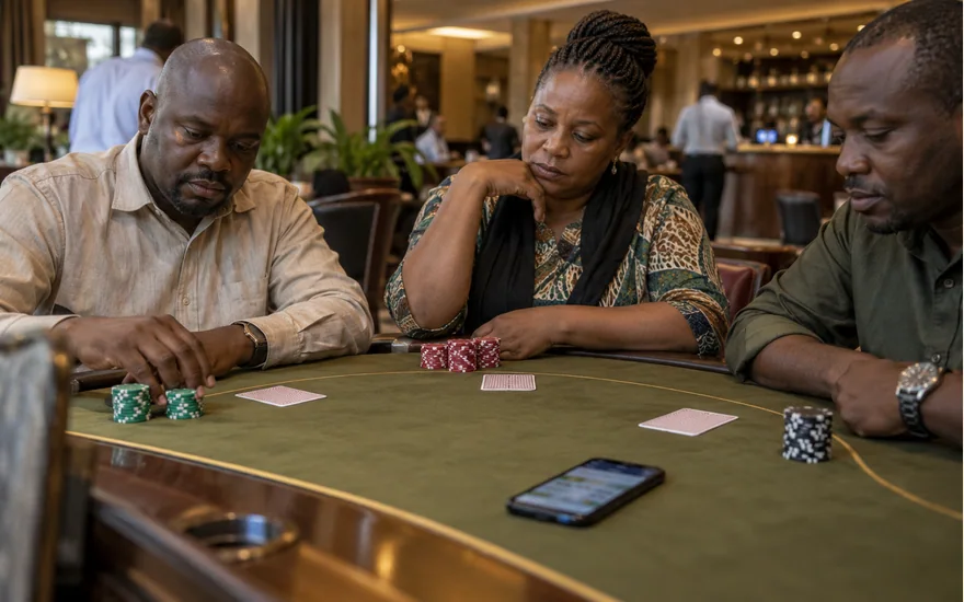 Three adults reviewing cards and chips around a green casino table