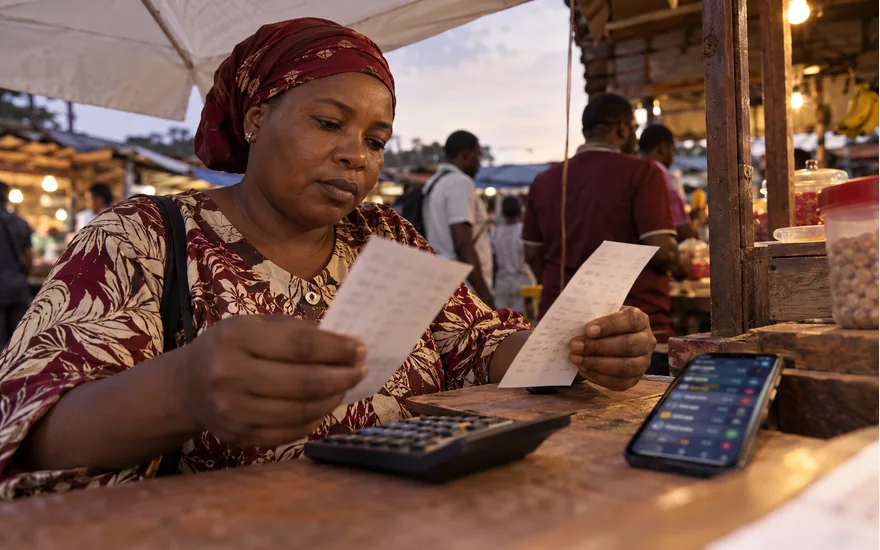Woman comparing two paper records beside a calculator and phone