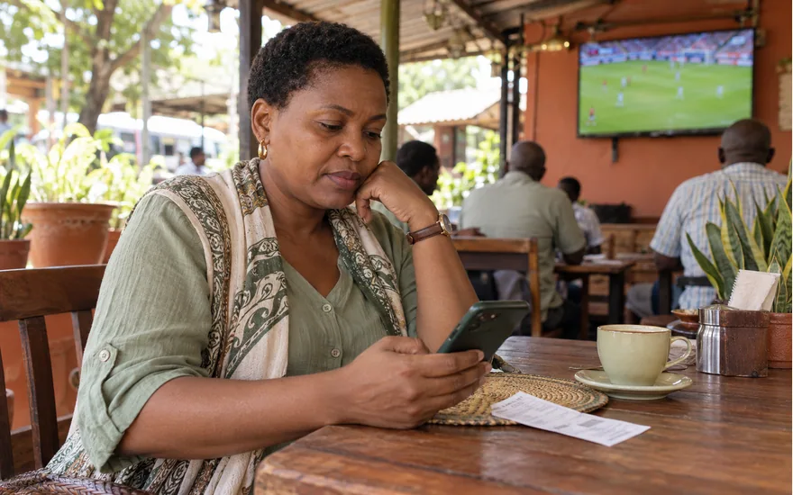 Adult woman reading a betting screen while football plays in a cafe behind her