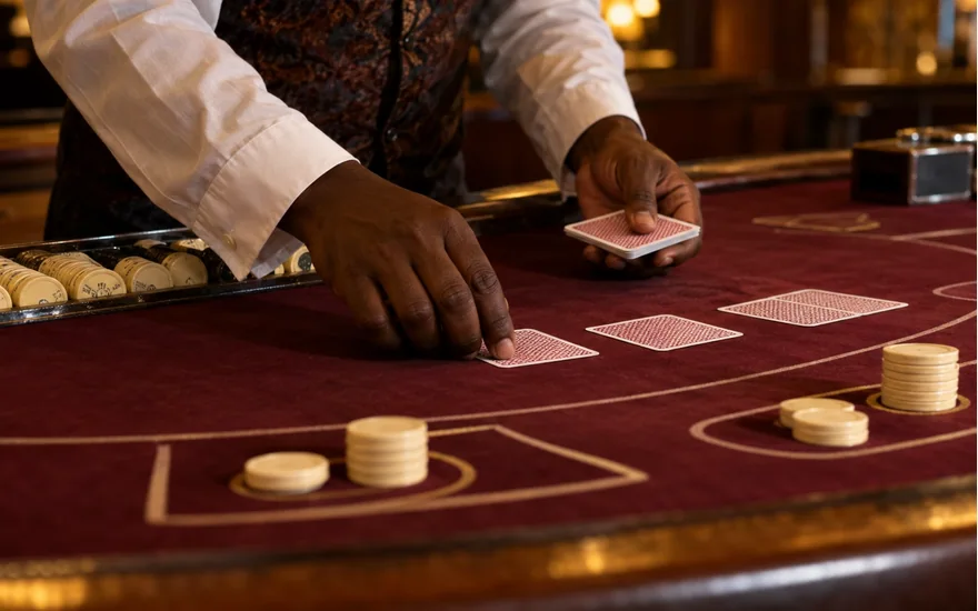 Dealer arranging face down cards and chips on a burgundy casino table