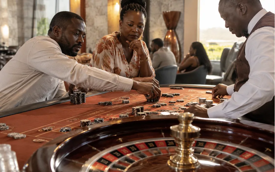 Adults beside a roulette table in a softly lit casino room