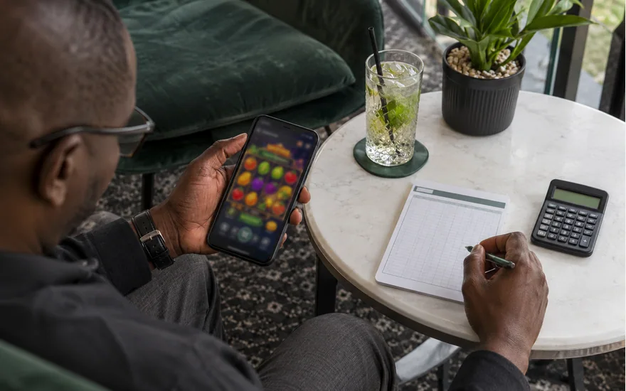 Adult noting information beside a phone game display and calculator