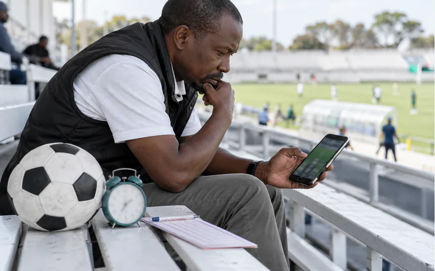 Man checking a phone beside a football, clock and paper entries