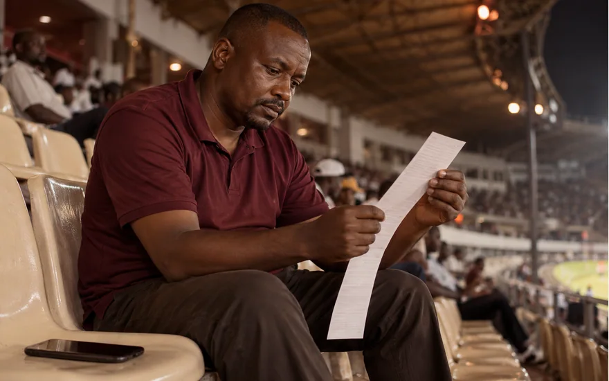 Man reading a long paper ticket in stadium seating