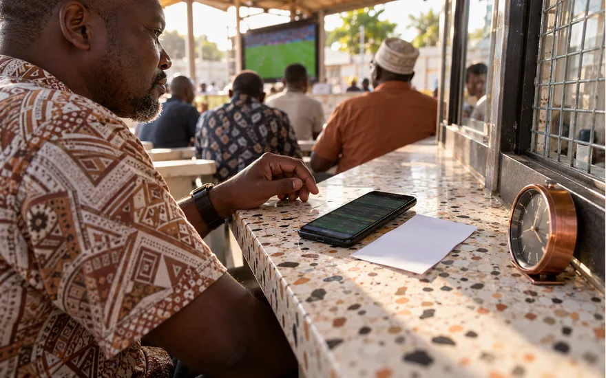 Adult checking a phone beside a clock and paper record at a cafe window