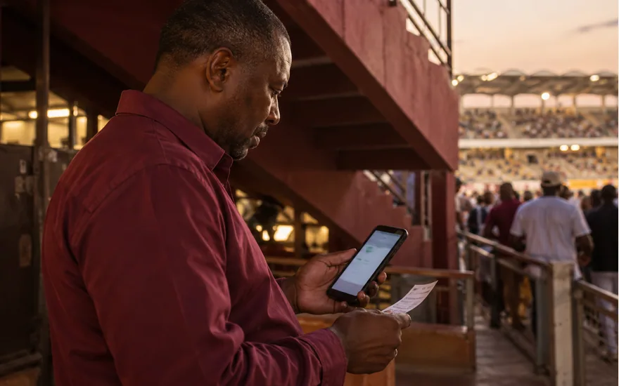 Man checking a phone and paper ticket beneath a stadium staircase