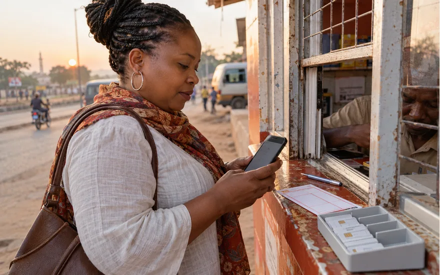 Woman checking a phone beside a mobile service kiosk window