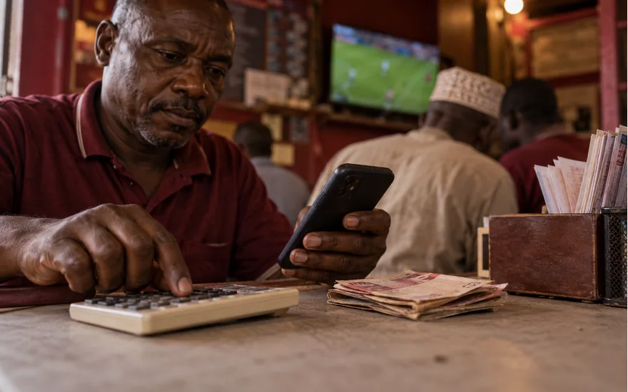 Adult comparing a calculator, phone and small stack of folded notes