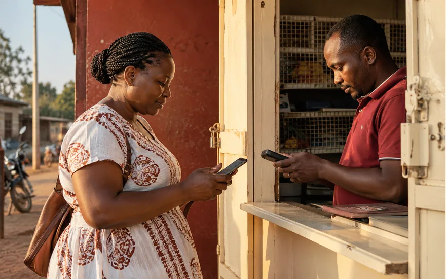 Two adults checking their phones across a cream and red kiosk window
