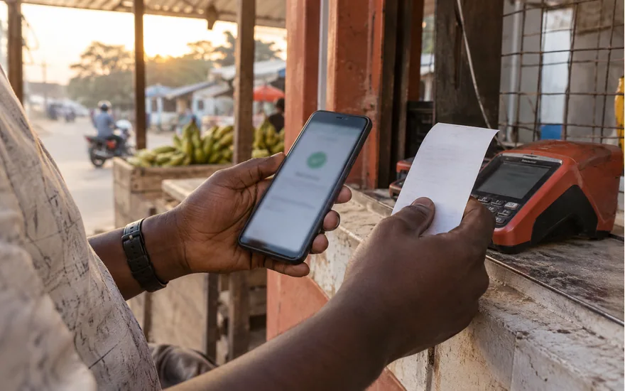 Hands comparing a phone confirmation display with a receipt beside a payment terminal