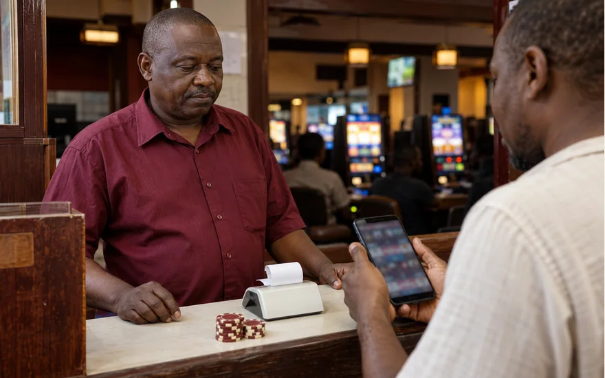 Adult customer presenting a phone and receipt at a Tanzania payment agent counter