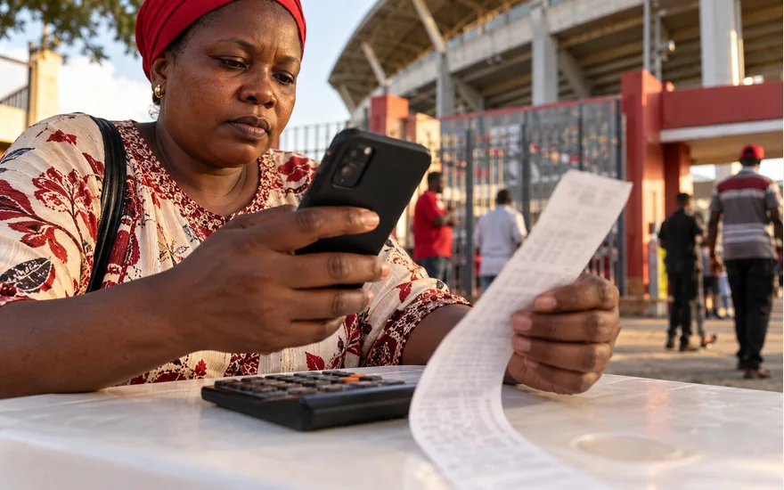 Woman comparing a phone with a long ticket beside a calculator