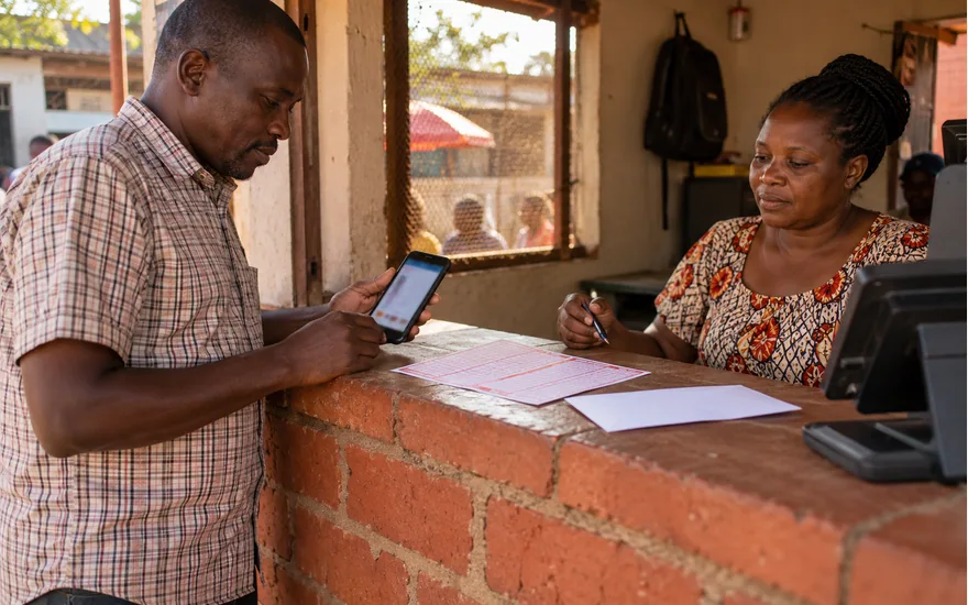 Customer asking about account information across a brick service counter