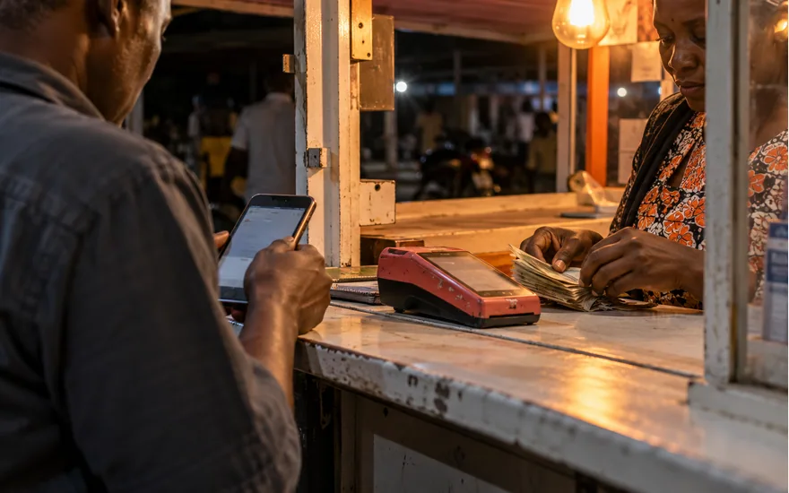 Customer checking a phone at a warmly lit mobile service window