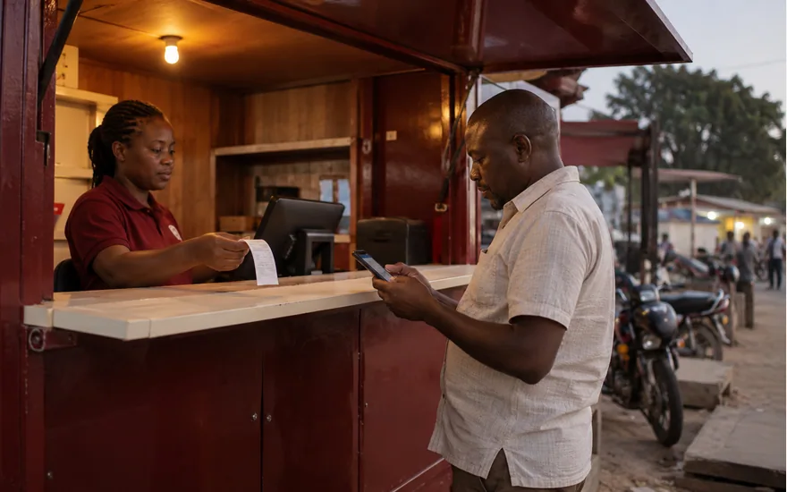 Customer and agent comparing a receipt and phone at a timber kiosk