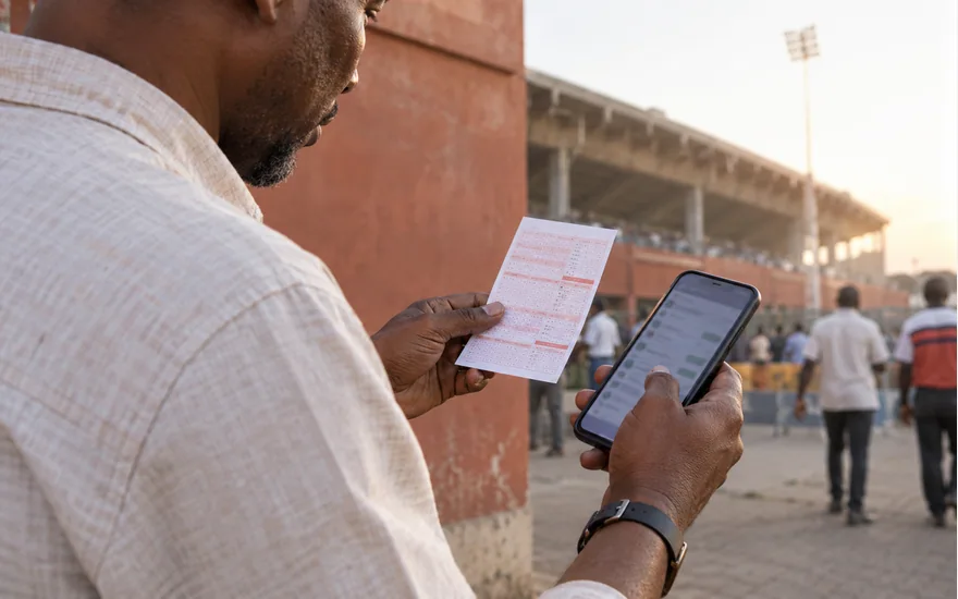 Man comparing a paper ticket with his phone outside a stadium