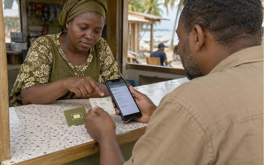 Customer showing a phone and plain card at a terrazzo service counter