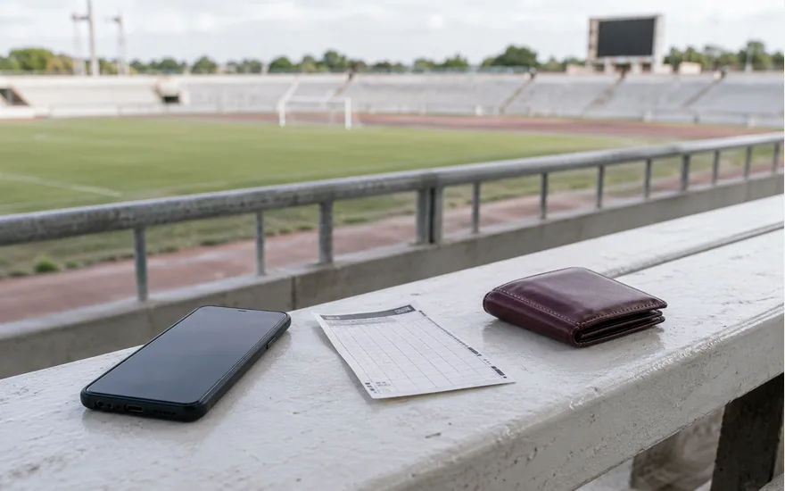 Phone set aside beside a wallet and paper record on an empty stadium terrace