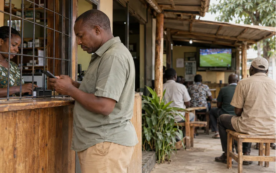 Adult checking a phone at a timber service window beside a football viewing shelter