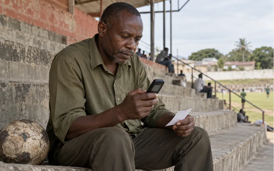 Adult man checking a basic phone and paper ticket on a Tanzanian football terrace