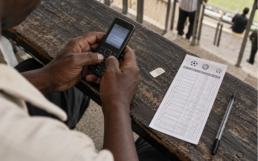 Adult hands using a keypad phone beside a SIM card and sports coupon on timber