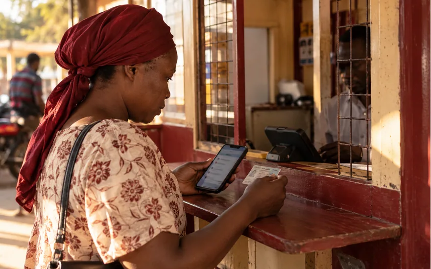 Woman comparing a phone with a plain card at a kiosk counter