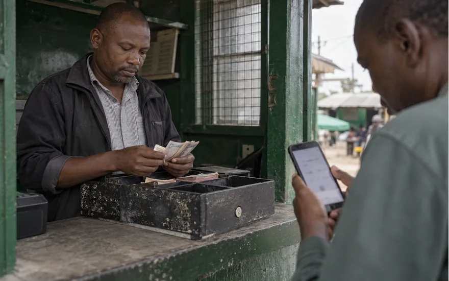 Agent handling folded notes while a customer checks a phone at a green kiosk